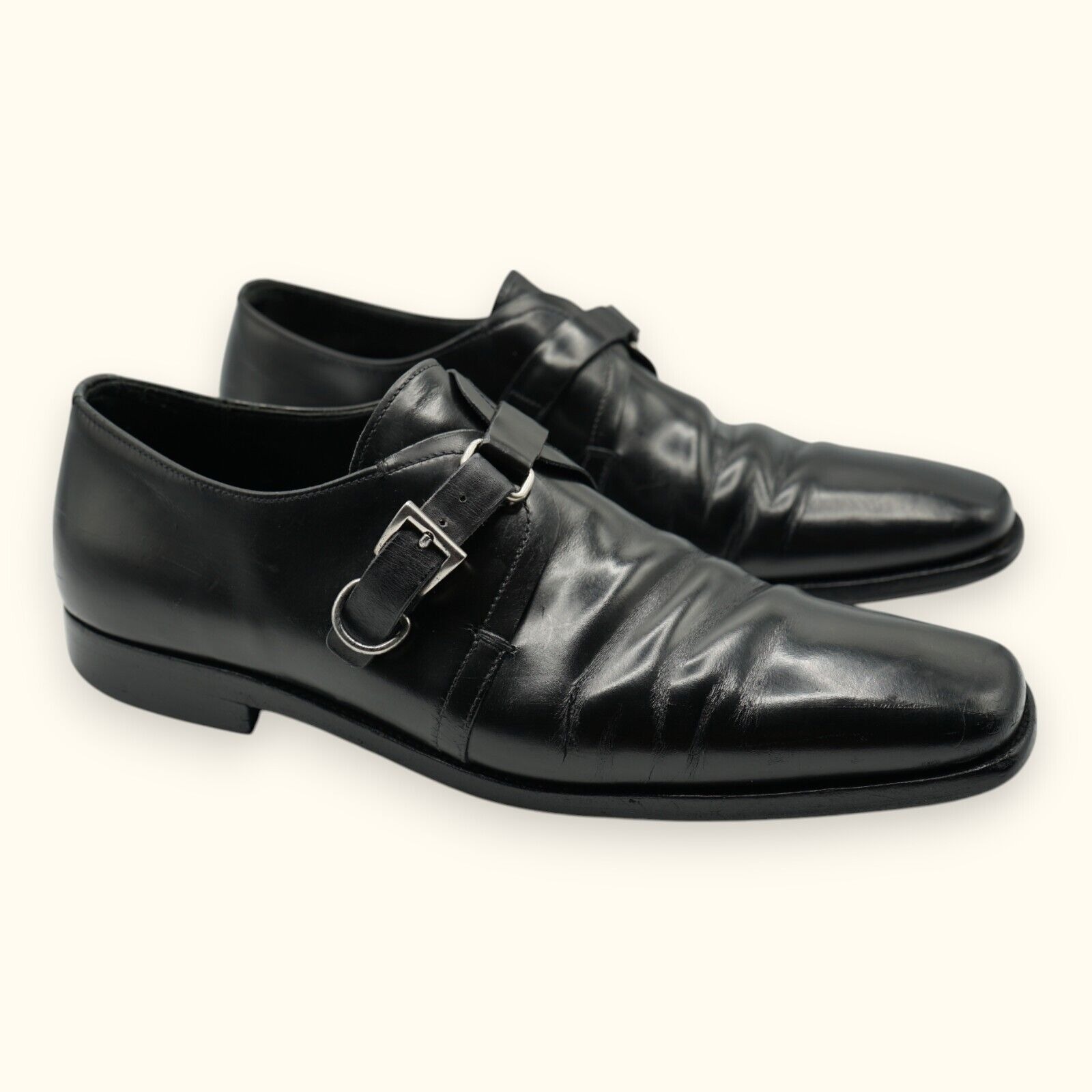 Prada Mainline Leather Monks Black Leather Dress Shoes Loafers Size 7.5 Italy